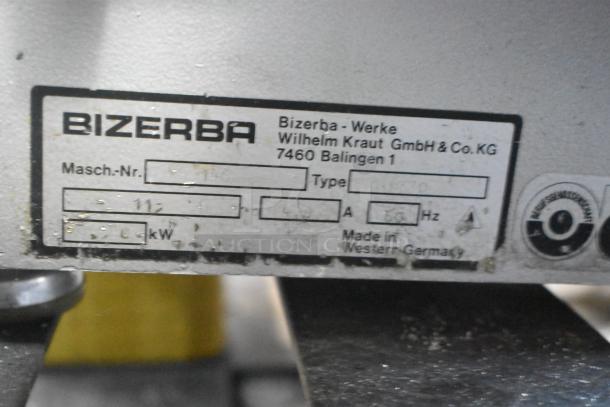 Bizerba A330 stainless steel commercial countertop meat slicer stacker, 115 volts, 1 phase, with manufacturer label.