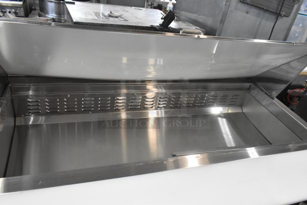 2024 Avantco 178APT60MHC stainless steel sandwich salad prep table, open lid view, mega top, commercial casters.