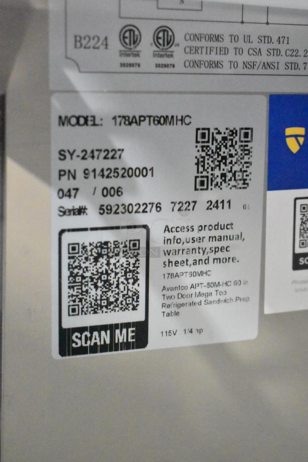 Avantco 178APT60MHC Stainless Steel Sandwich Prep Table label, featuring model, serial number, QR code, and certifications.