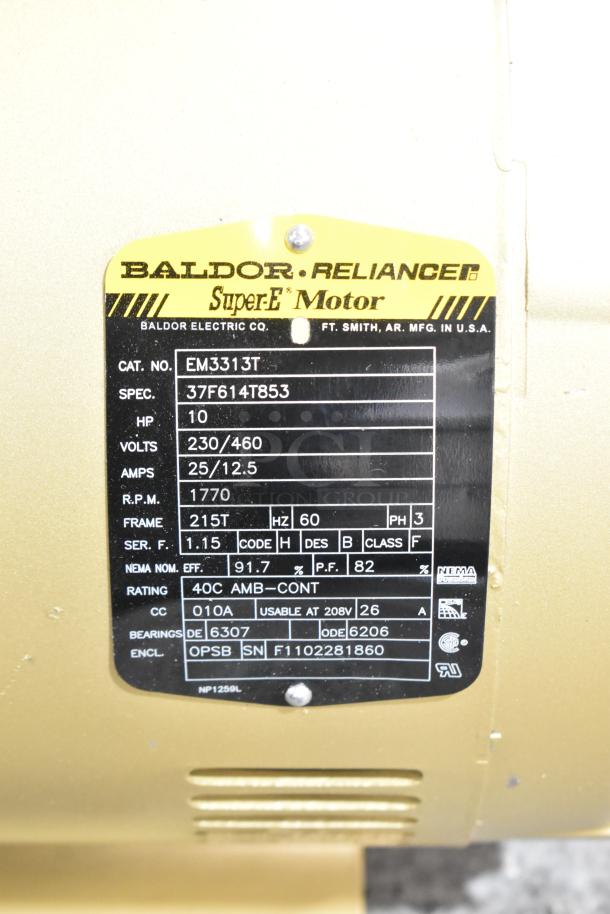 "Like New Baldor SuperE Motor, 230/460 Volts, 3 Phase. Cat. No. EM3313T, 10 HP, 1770 RPM, 91.7% efficiency."