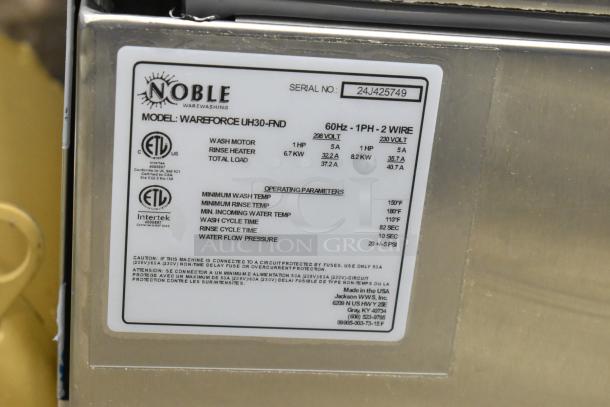 Stainless steel Noble Wareforce UH30-FND dishwasher label, showing operating parameters and certifications. Model and serial marked.