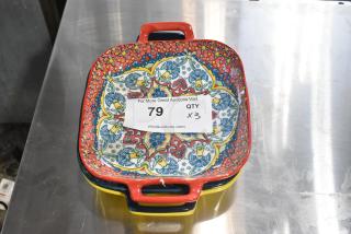 Three colorful patterned dishes with handles, featuring intricate designs. Includes auction label, marked "79 QTY x3".