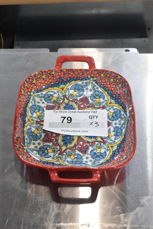 Colorful square dish with handles, floral pattern, and red border. Label indicates auction quantity: 3 times your bid.