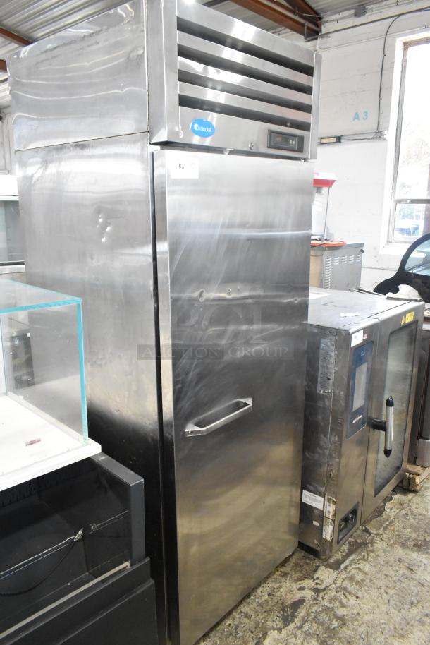 Randell R1F-29-1 stainless steel commercial freezer, single door, on casters, 115V, 1 phase, visible wear.