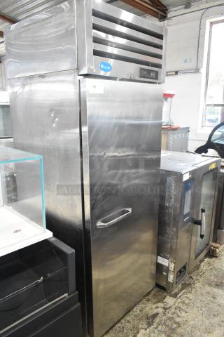 Randell R1F-29-1 stainless steel commercial freezer, single door, on casters, 115V, 1 phase, visible wear.