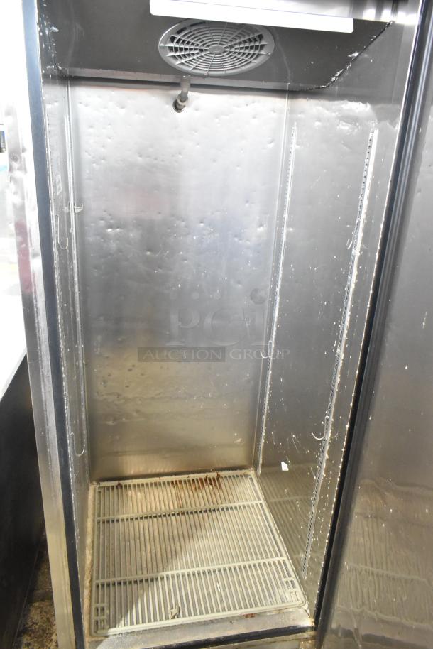 Randell R1F-29-1 stainless steel single door reach-in freezer with commercial casters, 115V, interior view, used condition.