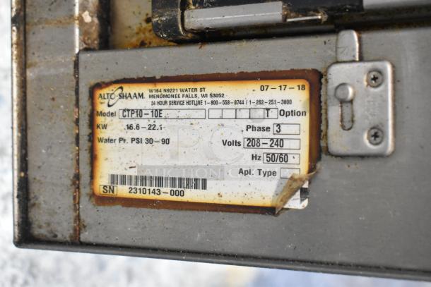 Stainless steel Alto Shaam CTP10-10E combi convection oven label, 3 phase, 208-240V, 2018 model, used condition.