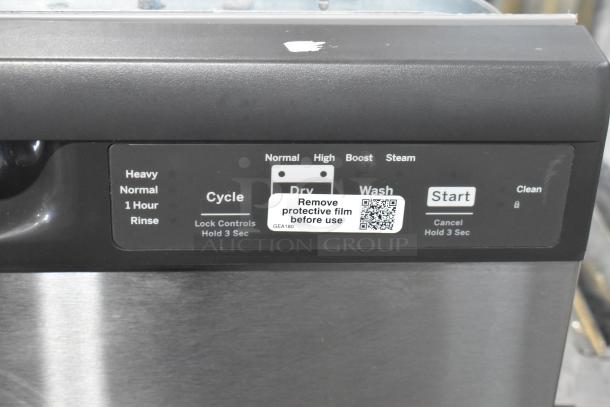 Stainless Steel Undercounter Dishwasher with control panel, wash cycle options, and protective film label.