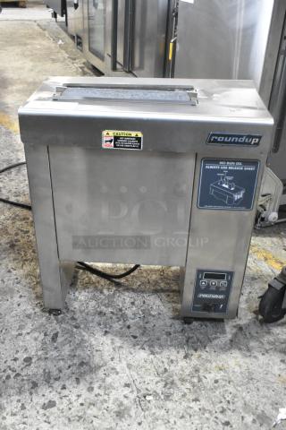 Roundup AJ Antunes VCT-2000CS stainless steel commercial countertop vertical contact toaster, 208 volts, with caution label.