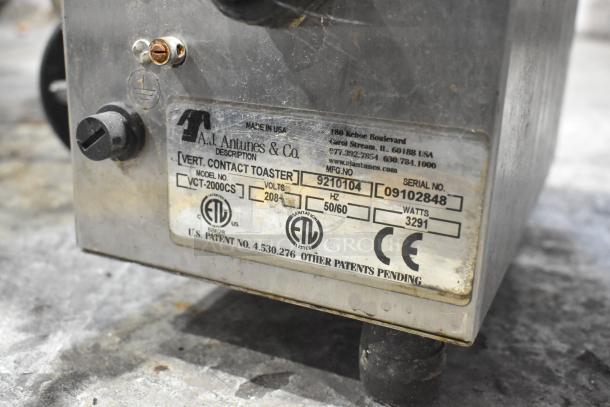 Roundup AJ Antunes VCT-2000CS stainless steel commercial toaster, vertical contact, 208V, model info on label.