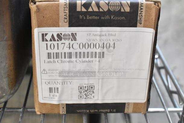 Cardboard box labeled "Kason Latch Chrome Cylinder #4" with barcode and warning about chemical exposure. Box on metal shelf.