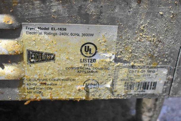 2016 Cecilware EL-1636 stainless steel commercial griddle label showing model, voltage, and UL listing, with visible wear.