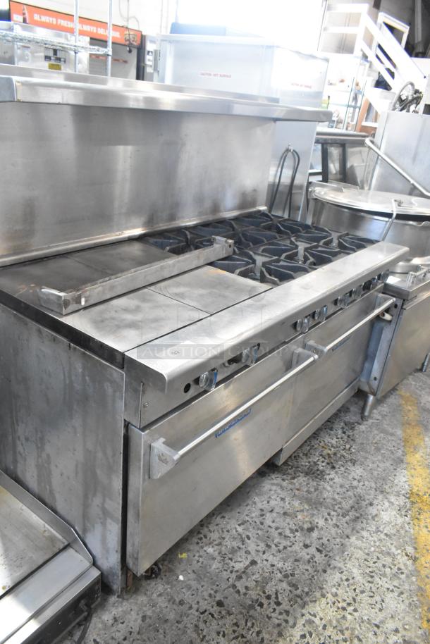 Imperial stainless steel commercial gas range with 6 burners, flat top griddle, convection oven, standard oven, overshelf, and backsplash.