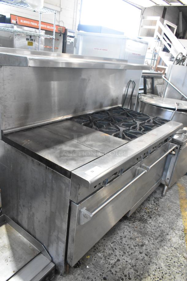 Imperial stainless steel commercial gas range with 6 burners, flat top griddle, convection oven, standard oven, over shelf, and backsplash.