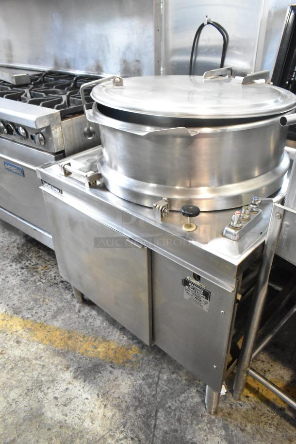 Market Forge MT40 Stainless Steel 40 Gallon Steam Kettle in good condition, with visible control knobs and safety warning label.