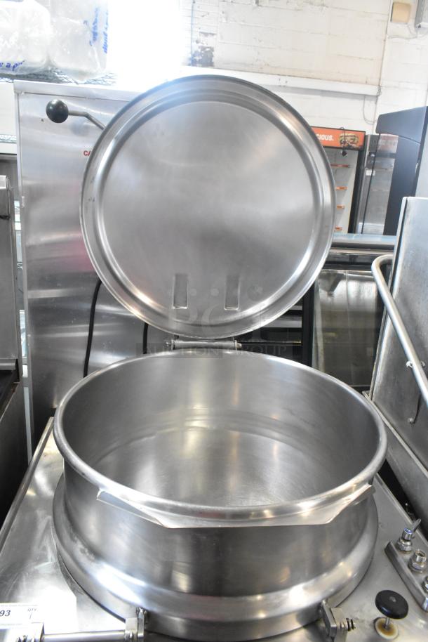 Market Forge MT40 stainless steel 40-gallon steam kettle, floor style, open lid, excellent condition.