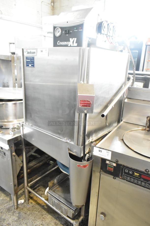 Jackson Conserver XL stainless steel commercial dishwasher, straight pass through, 115V, 1 Phase, visible controls, and labels.