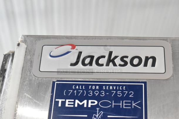 Jackson Conserver XL stainless steel commercial pass-through dishwasher, 115V, 1 Phase. Logo and service label shown.