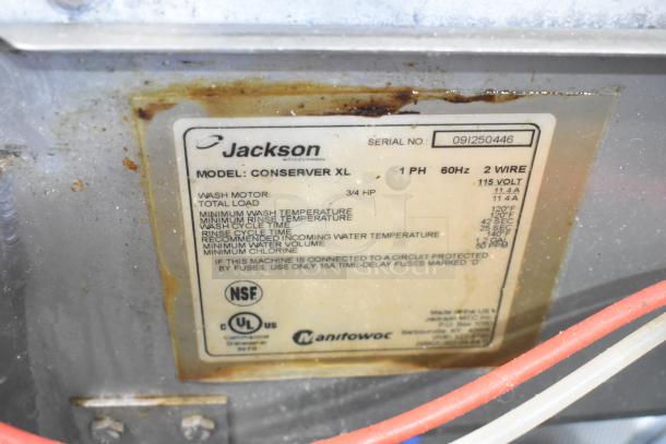 Jackson Conserver XL stainless steel commercial dishwasher label showing power specs and model details.