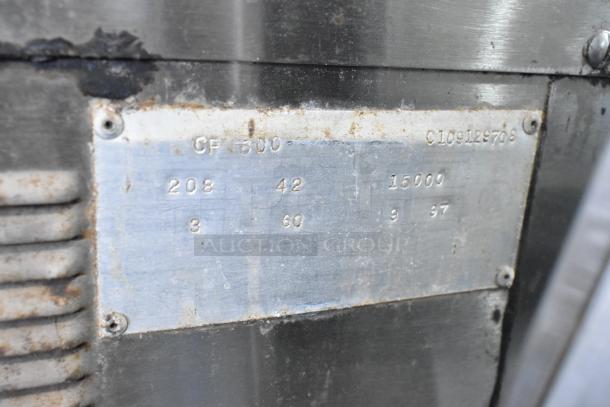Chester Fried CF 600 commercial fryer, stainless steel, electric, 208V, 3 phase. Shows model plate with specs.
