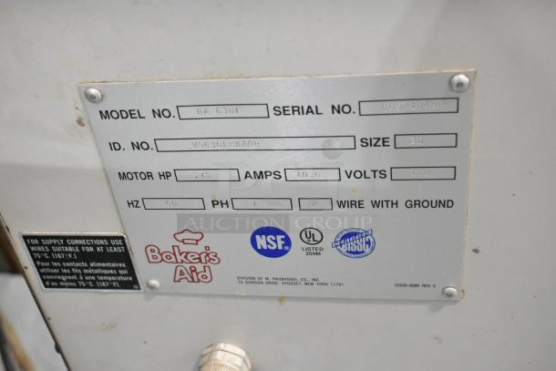 Bakers Aid BA 630F 30 Quart Dough Mixer label showing model, serial numbers, power specs, and NSF, UL certifications.
