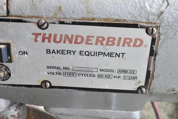 Thunderbird ARM-02 metal dough mixer label. Features: 115V, 1-phase, 20-quart capacity, used condition.