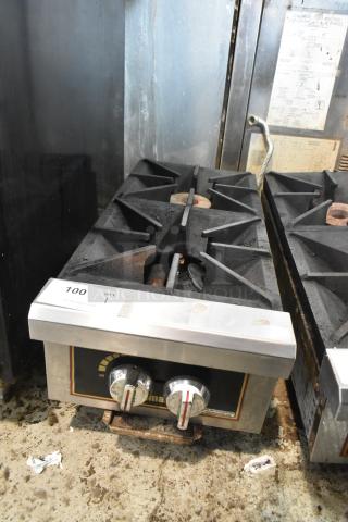 Toastmaster TMDO-12 stainless steel 2-burner propane range, commercial countertop model, visible wear, control knobs present.