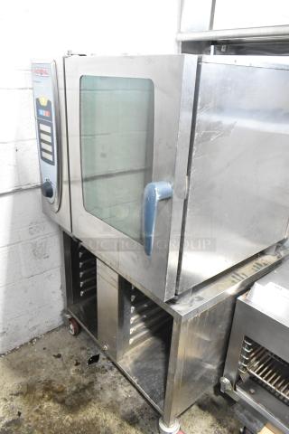 Rational SelfCooking Center stainless steel combi convection oven on double pan rack stand with commercial casters.