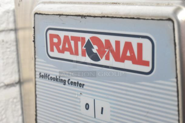 Rational SelfCooking Center label on stainless steel convection oven; model indicator visible.