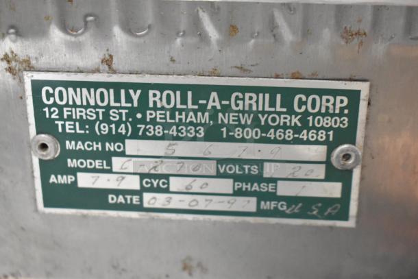 Connolly G-270 stainless steel commercial hot dog roller, 120V, 1 phase, model C-270, label details shown.