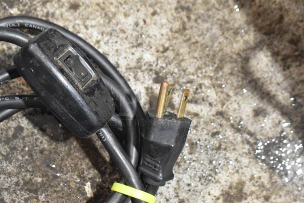 Black electrical cable with a switch and plug, 115 volts, 1 phase, suitable for powering an open sign.