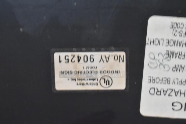 "Open Sign with 115 Volts, 1 Phase. Includes label indicating Underwriters Laboratories Inc. compliance. Indoor electric sign."