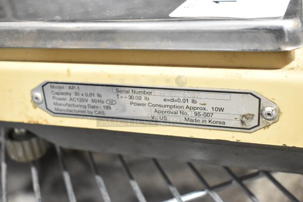 CAS AP-1 Metal Countertop Food Portioning Scale, 120V, 1 Phase, capacity 30 lb, power consumption 10W, made in Korea.