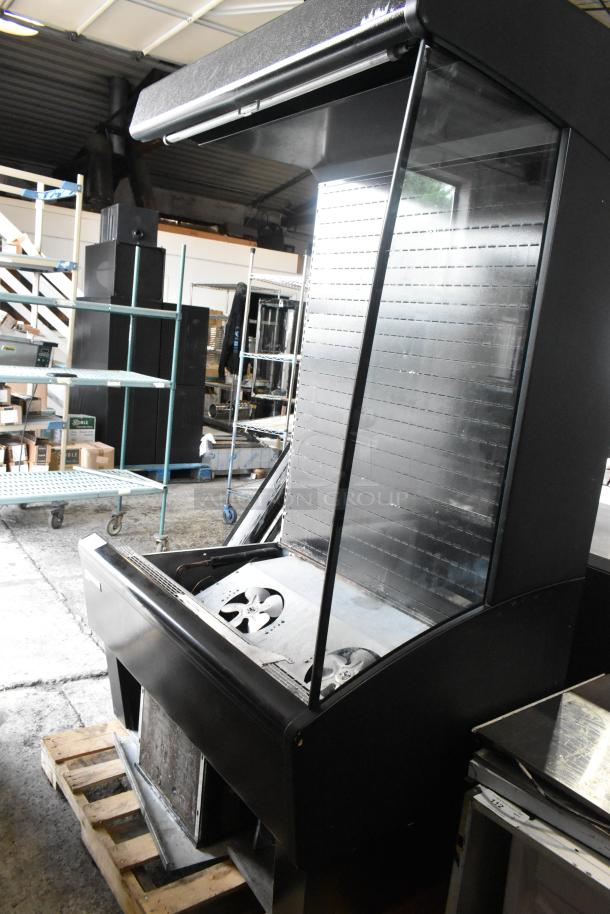 Master-Bilt metal commercial open grab n go merchandiser, missing one side panel. Black finish, used condition.
