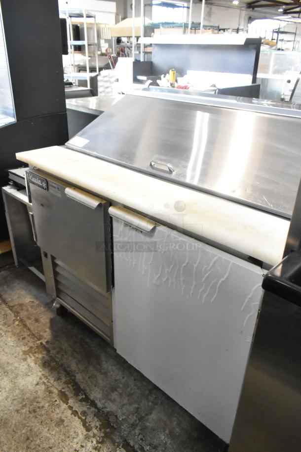 2018 Leader LM48 S/C stainless steel sandwich salad prep table, commercial casters, 115V, 1 phase, visible signs of wear.