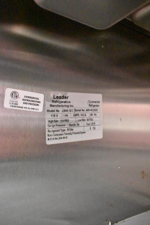 2018 Leader LM48 S/C stainless steel commercial sandwich prep table label showing model and electrical details.