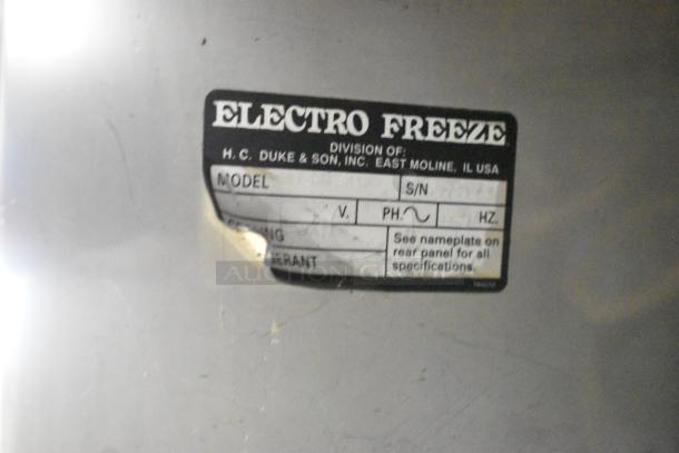 Electro Freeze 88T-CMT-113 stainless steel soft serve machine label, shows electrical specifications and brand details.