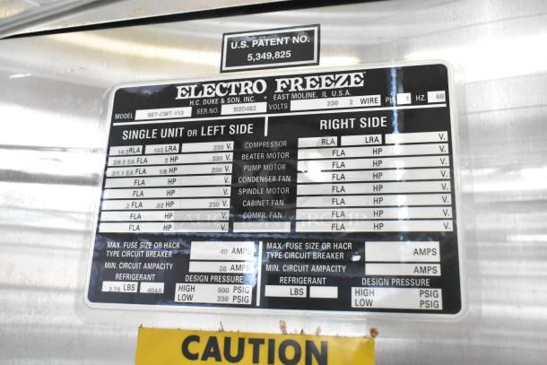 Electro Freeze 88T-CMT-113 soft serve ice cream machine label showing model details, voltage, and U.S. patent number.