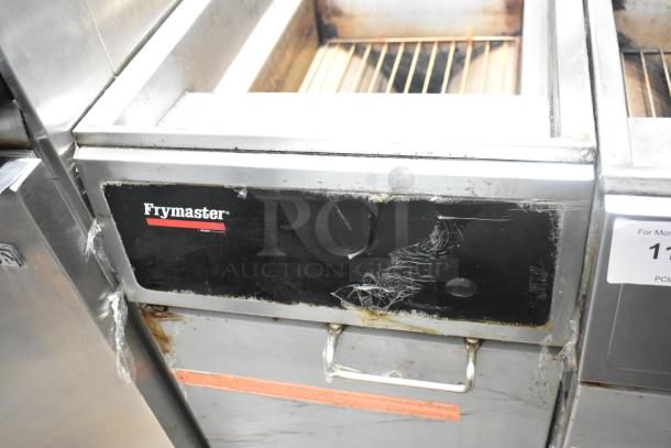 Frymaster GF14SP propane gas deep fryer, 100,000 BTU, commercial floor model, visible wear, Frymaster logo on front panel.