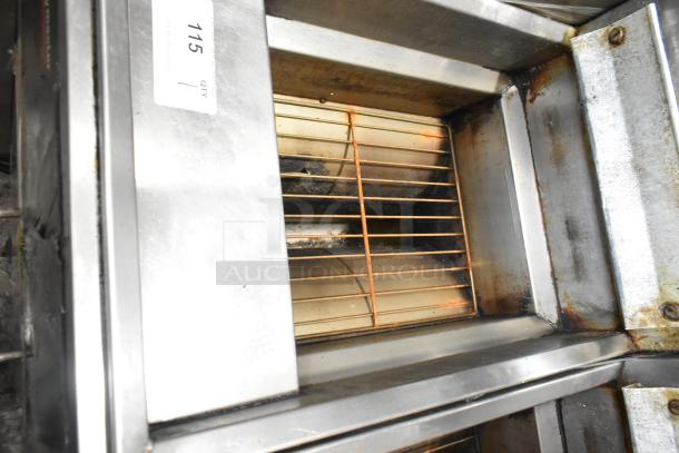 Frymaster GF14SP metal commercial propane fryer, 100,000 BTU, used condition, visible wear. Auction tag: 115.