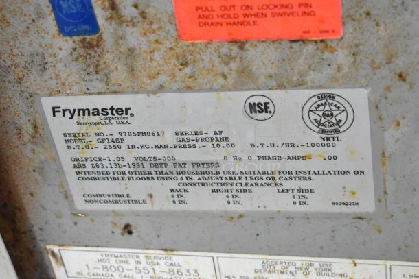 Frymaster GF14SP commercial propane deep fryer label, 100,000 BTU, NSF certified, showing model and serial number details.