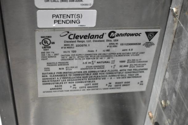Cleveland 22CGT6.1 stainless steel steam cabinet label showing model, serial number, and technical specifications.