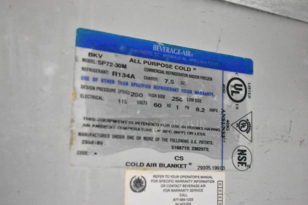 Beverage Air SP72-30M label displays model, refrigerant R134A, 115V, and certifications for commercial use.