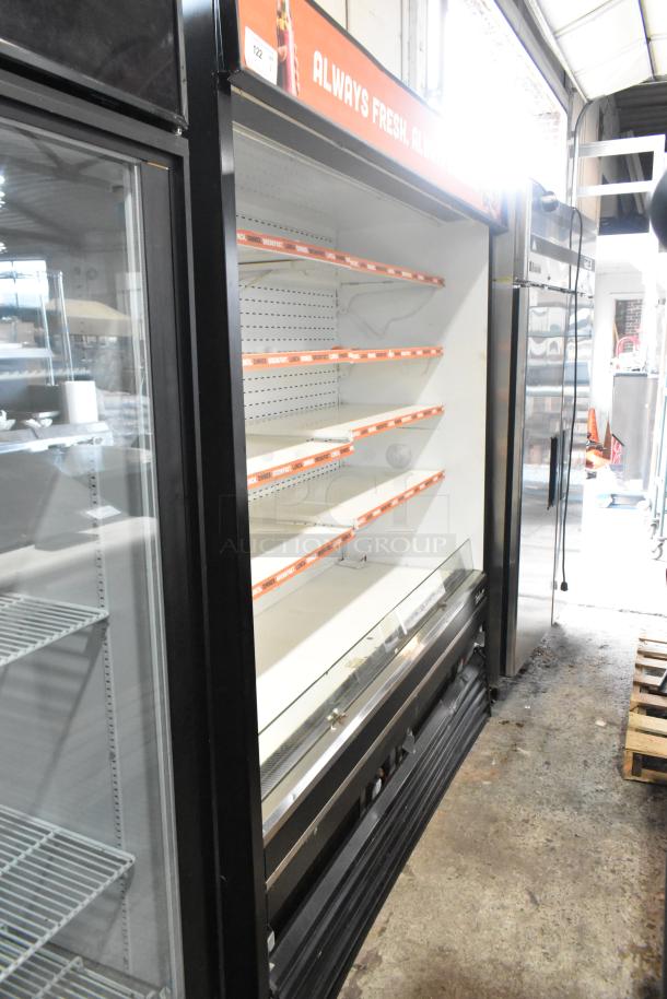 Turbo Air TOM-72E commercial open merchandiser with metal shelves, 220V, 1 phase, in good condition.