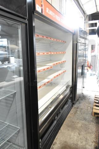 Turbo Air TOM-72E commercial open merchandiser with metal shelves, 220V, 1 phase, in good condition.