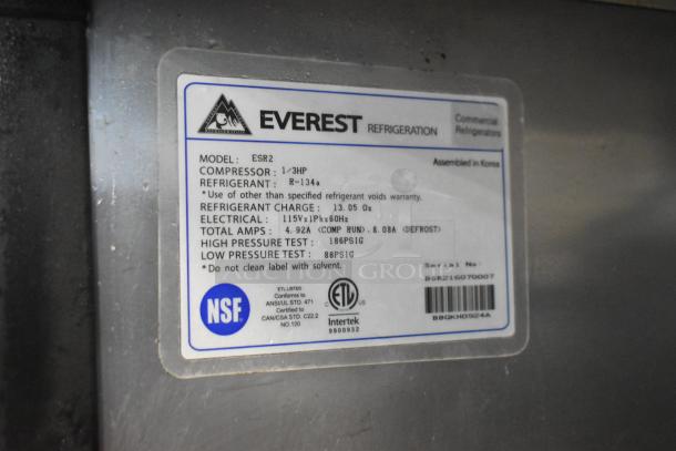 Everest ESR2 stainless steel commercial 2-door cooler label; NSF certified, 115V, R-134a refrigerant, on casters.