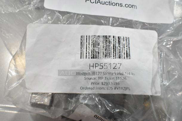 Brand new Blodgett 55127 1/4" safety valve in packaging, marked with barcode, RIP Ticket 11626, valued at $293.5.