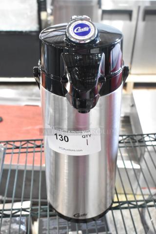BRAND NEW SCRATCH AND DENT Curtis stainless steel air pot, labeled, with a black lid and handle, slight surface scratches.