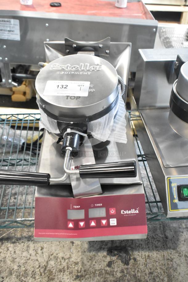 Brand new 2024 Estella 348WSMXS2A stainless steel stacked waffle maker, 120V, 1 phase. Slight scratches, protective packaging visible.