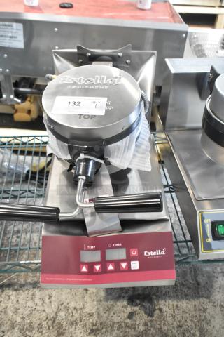 Brand new 2024 Estella 348WSMXS2A stainless steel stacked waffle maker, 120V, 1 phase. Slight scratches, protective packaging visible.
